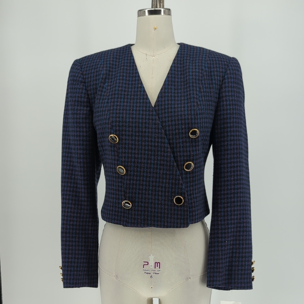 30034 Vintage Sweet Suit Petite Wool Plaid Cropped Blazer Purple size 6P 90s 80s